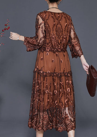 Round Neck Three Quarter Sleeve Floral Embroidery Drawstring Midi Dress