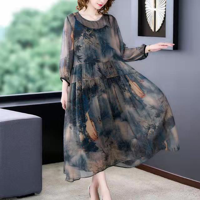 Round Neck Ink Wash Landscape Print Tiered Chiffon Midi Dress
