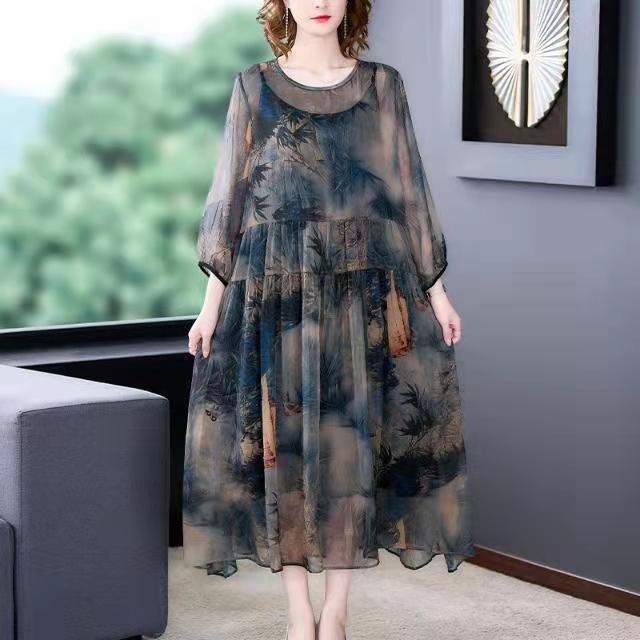 Round Neck Ink Wash Landscape Print Tiered Chiffon Midi Dress