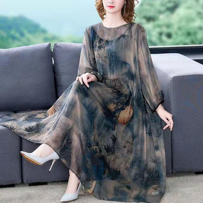 Round Neck Ink Wash Landscape Print Tiered Chiffon Midi Dress