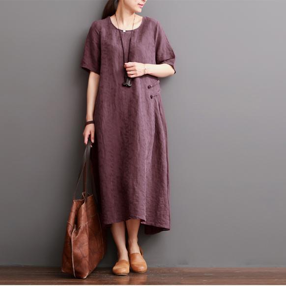Round Neck Short Sleeve Jacquard Pattern Side Tab Pleated Linen Midi Dress