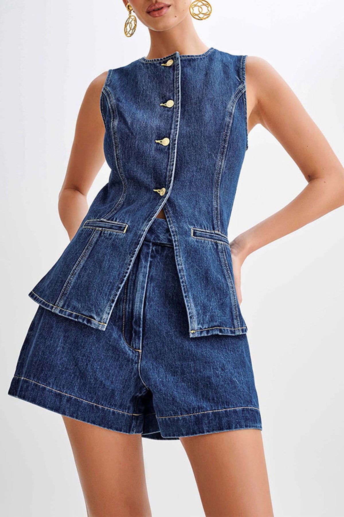 Button Down Tank Tops Shorts Denim Set