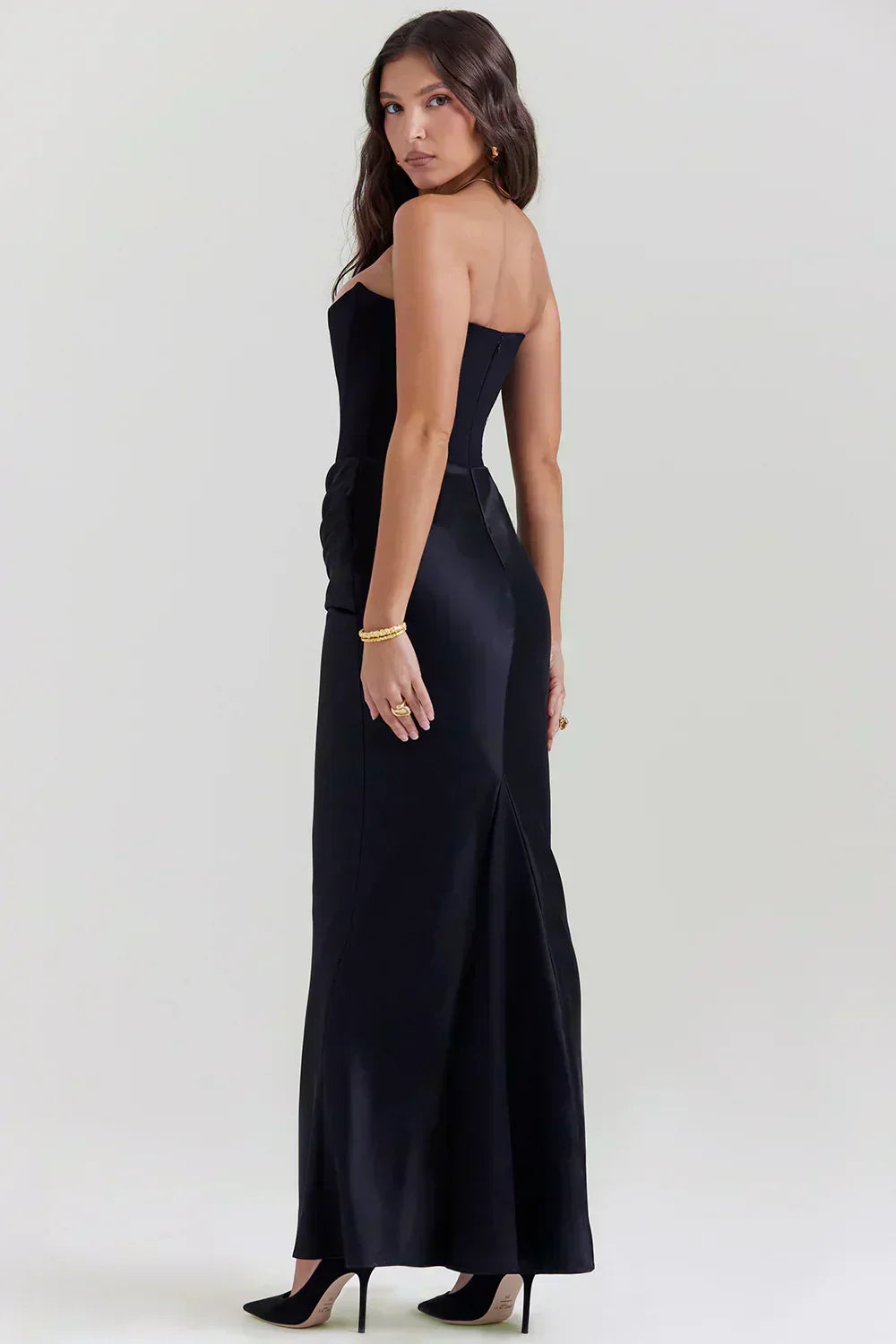 Strapless Pointed Neckline Hip Ruched Column Maxi Gown
