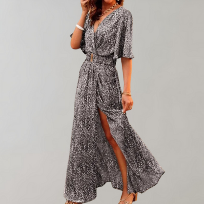 Abstract Print Wrap V-Neck Flutter Sleeve Belted High Split Maxi Dress