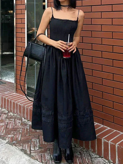 Square Neck Corset Basque Waist Lace Band Pleated Maxi Dress