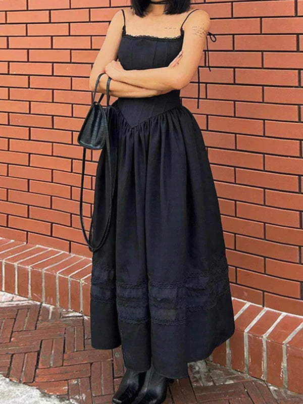 Square Neck Corset Basque Waist Lace Band Pleated Maxi Dress