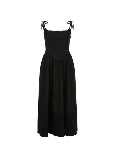 Square Neck Corset Basque Waist Lace Band Pleated Maxi Dress