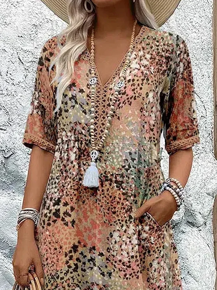 V Neck Half Sleeve Abstract Mosaic Print Pocket Midi Dress