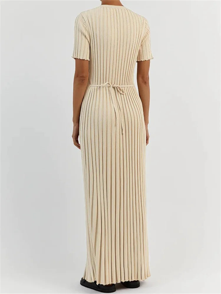 Fashion Women Solid Color Round Neck Short Sleeve Summer Tie-Up Party Ribbed Knitted Female Vestidos
