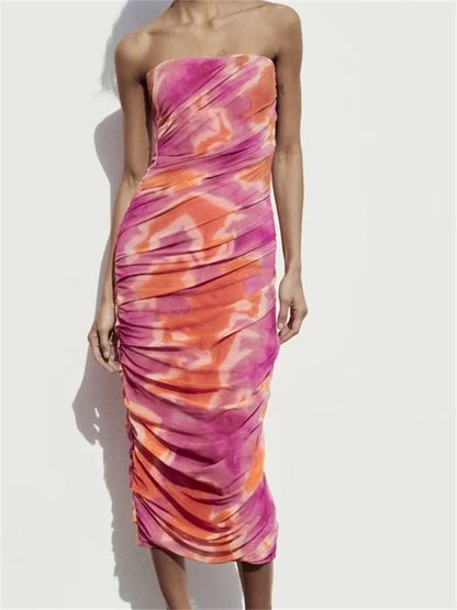 Irregular Tie Dyeing Print Tube for Women Summer Beach Party Clubwear Strapless Off Shoulder Ruched Dress
