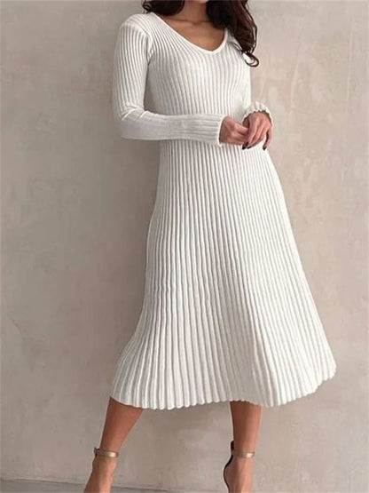 Ribbed Knit Long Sleeve V-Neck Fit and Flare Midi Dress