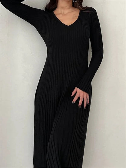 Ribbed Knit Long Sleeve V-Neck Fit and Flare Midi Dress