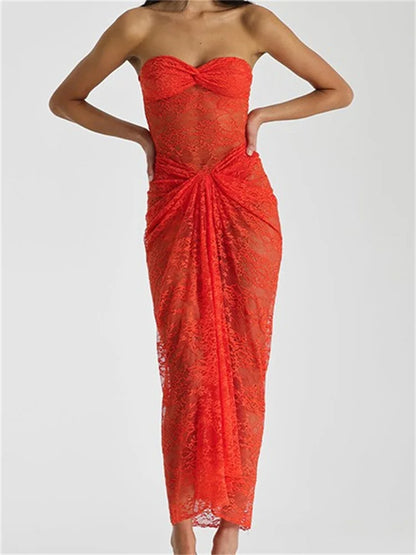 Lace Floral See Through Tube Summer Party Clubwear for Women Strapless Off Shoulder Ruched Push Up Vestido