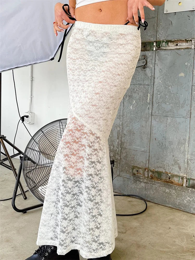 Y2K Grunge Lace Mesh See Through Bow Tie Long Skirt