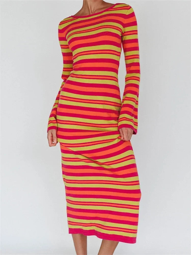 Sexy Women Knitted Sleeve Crew Neck Backless Tie-up Striped Print Slim Fit Spring Fall Vestidos