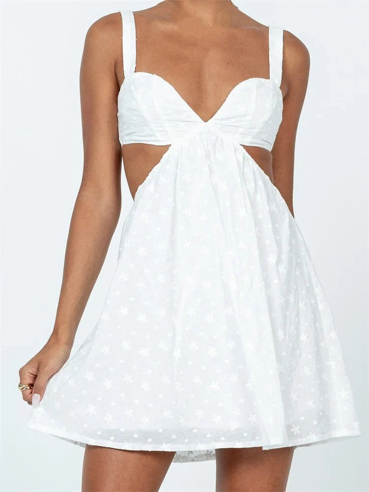 V-Neck Sleeveless Backless Hollow Out Lace Mini Dresses