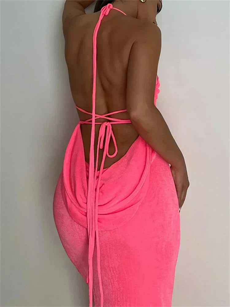Sleeveless Backless Drawstring Hollow Out Sexy Split Summer Women Party Y2K Beach Vestidos