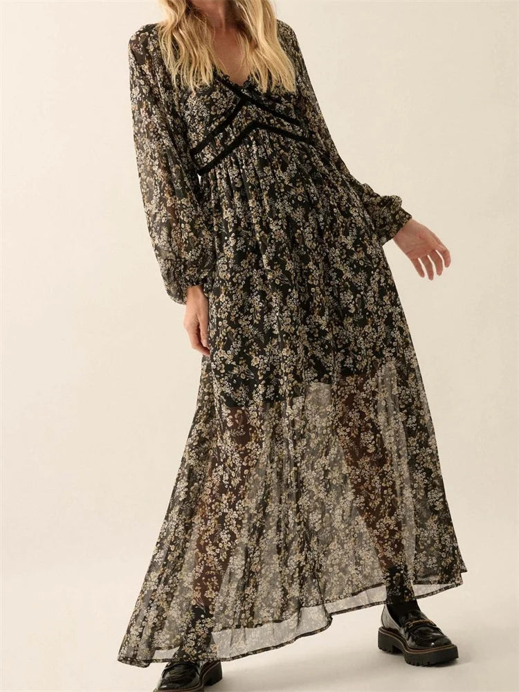 Vintage Women Bohemian Floral Print Summer Sleeve V Neck High Waist Chiffon Flowy Vestidos