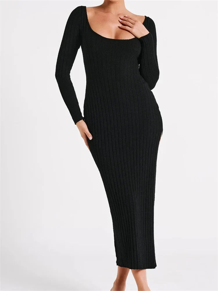 Women Knitted Bodycon Solid Color Ribbed Round Neck Sleeve Side Split Spring Fall Vestidos