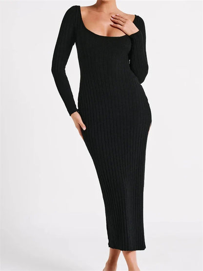 Women Knitted Bodycon Solid Color Ribbed Round Neck Sleeve Side Split Spring Fall Vestidos