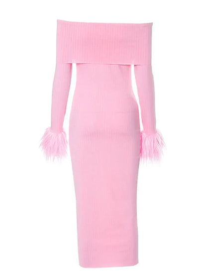 Off Shoulder Ribbed Knit Faux Fur Cuff Bodycon Mini Dress