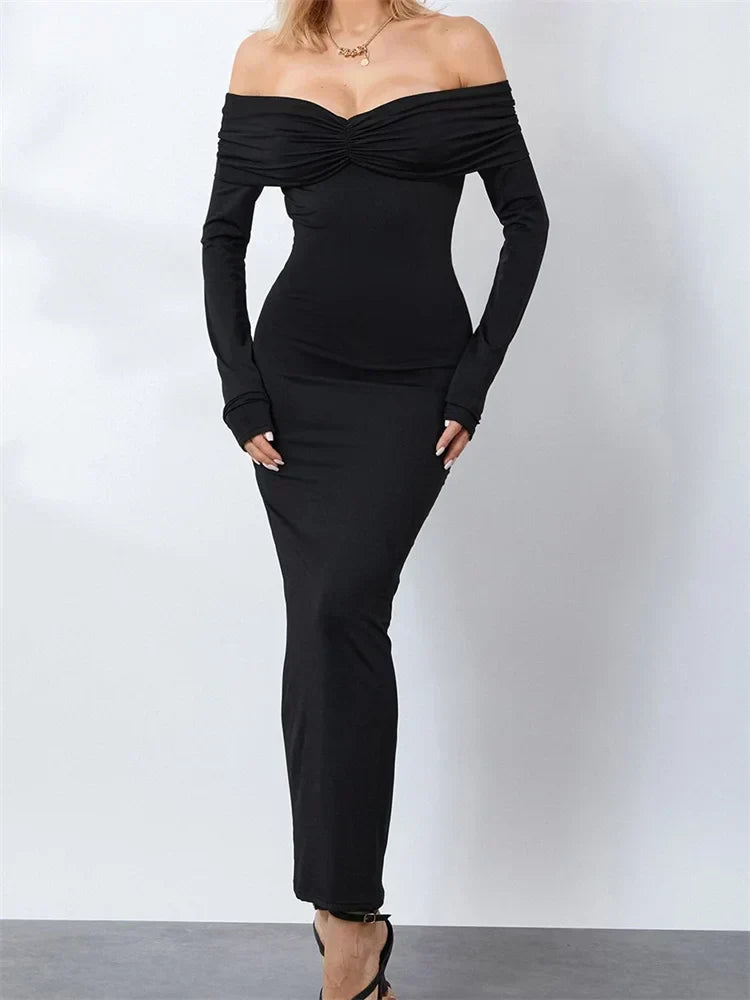 Women Ruched Slash Neck Off-shoulder Sleeve Solid Slim Fit Bodycon Cocktail Party Vestidos