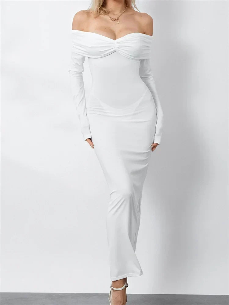 Women Ruched Slash Neck Off-shoulder Sleeve Solid Slim Fit Bodycon Cocktail Party Vestidos