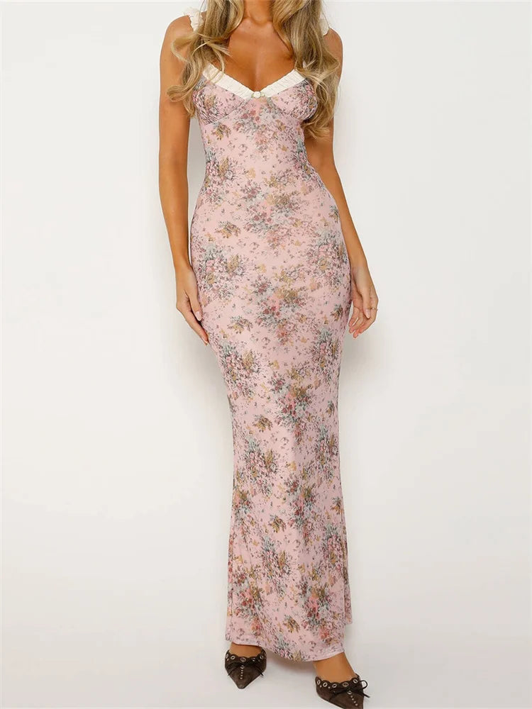Women Sleeveless V-neck Backless Floral Print Patchwork Summer Cocktail Party Female Vestidos