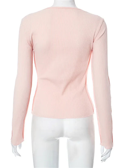 Long Sleeve Solid Color Slim Fit Ribbed Button Up T-shirts