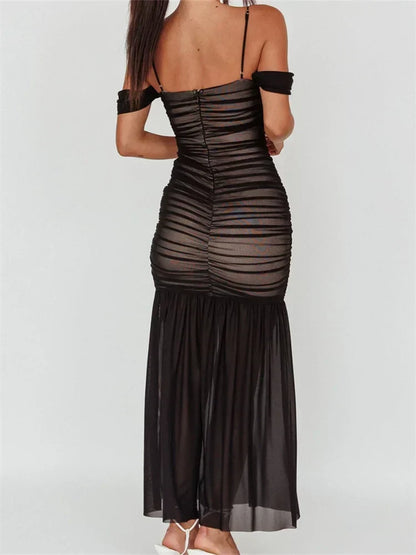 Women Mesh Sheer See Through Low Cut Off Shoulder Strap Backless Ruched Summer Party Vestidos