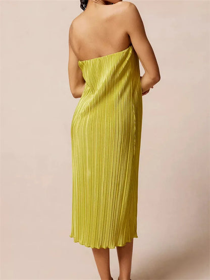 Strapless Plisse Lettuce Hem Tube Bodycon Midi Dress