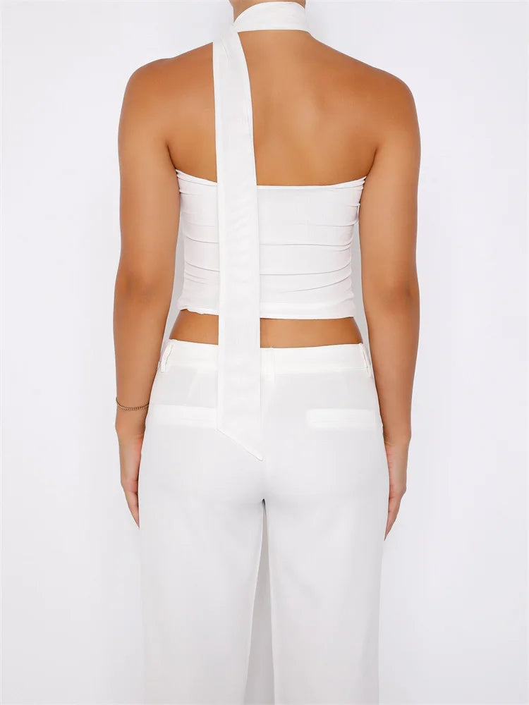 Y2K Tube Ruffles Halter Lace-up Off Shoulder Backless Cropped Fairy Retro Vests Streetwear Crop Top
