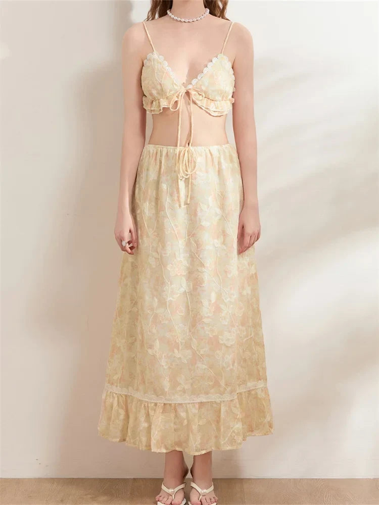 Backless Tie-up Camisoles Crop Top with Long Skirts Set