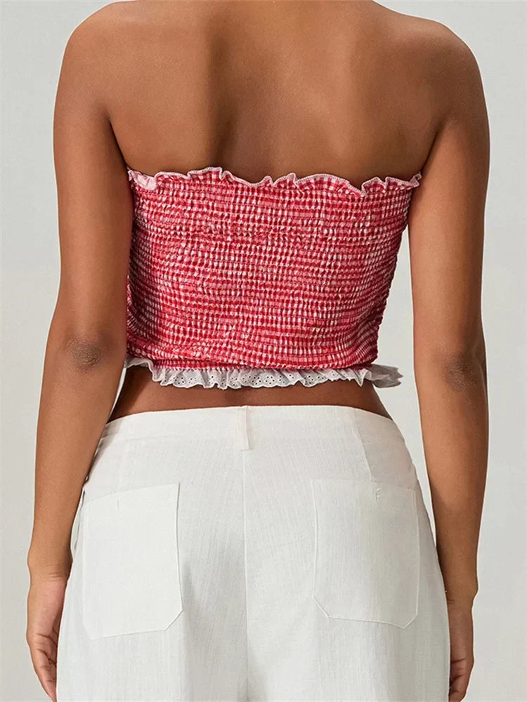 Tube Bow Lace Trim Ruched Plaid Crop Top