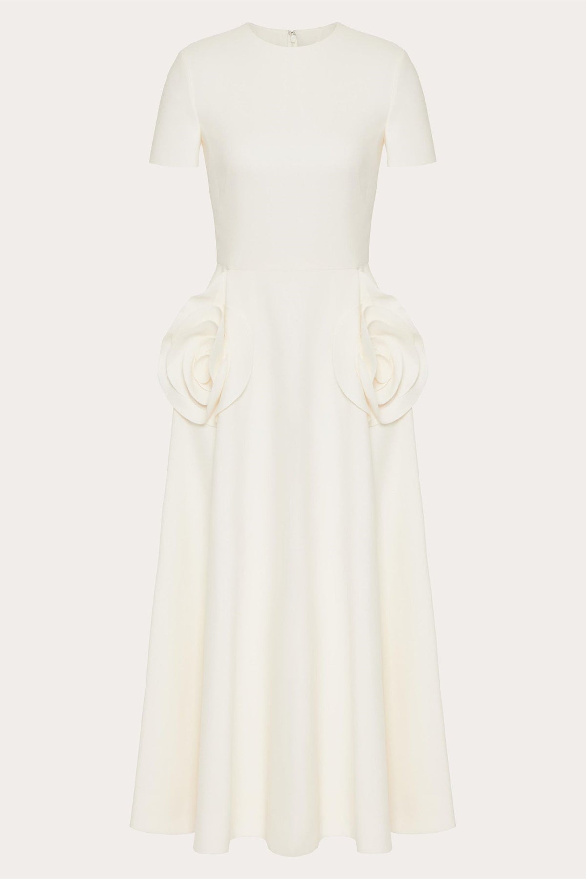 Crew Neck Short Sleeve 3D Floral Applique Structured A-Line Midi Dress