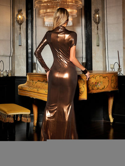 Cutout Metallic Column Maxi Gown