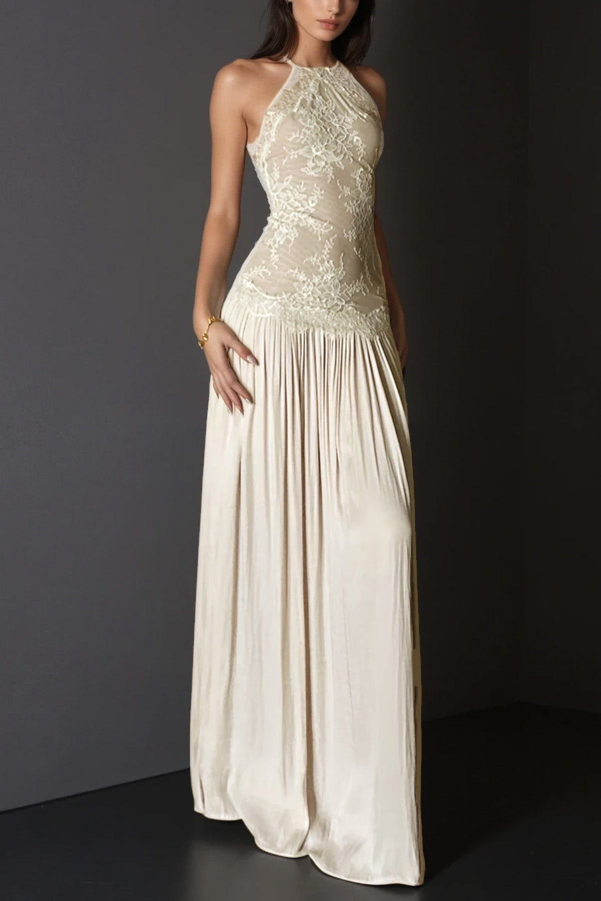Halter Lace Floral Bodice Dropped Waist Pleated Maxi Dress