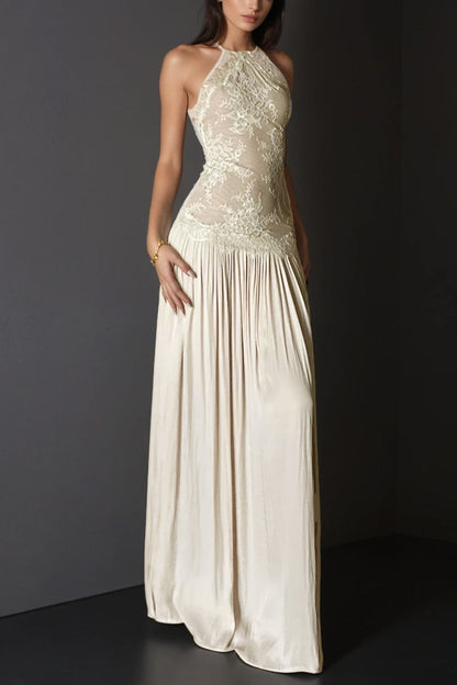 Halter Lace Floral Bodice Dropped Waist Pleated Maxi Dress