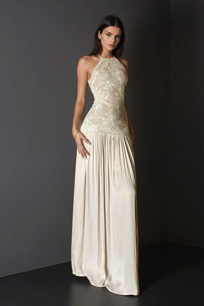 Halter Lace Floral Bodice Dropped Waist Pleated Maxi Dress