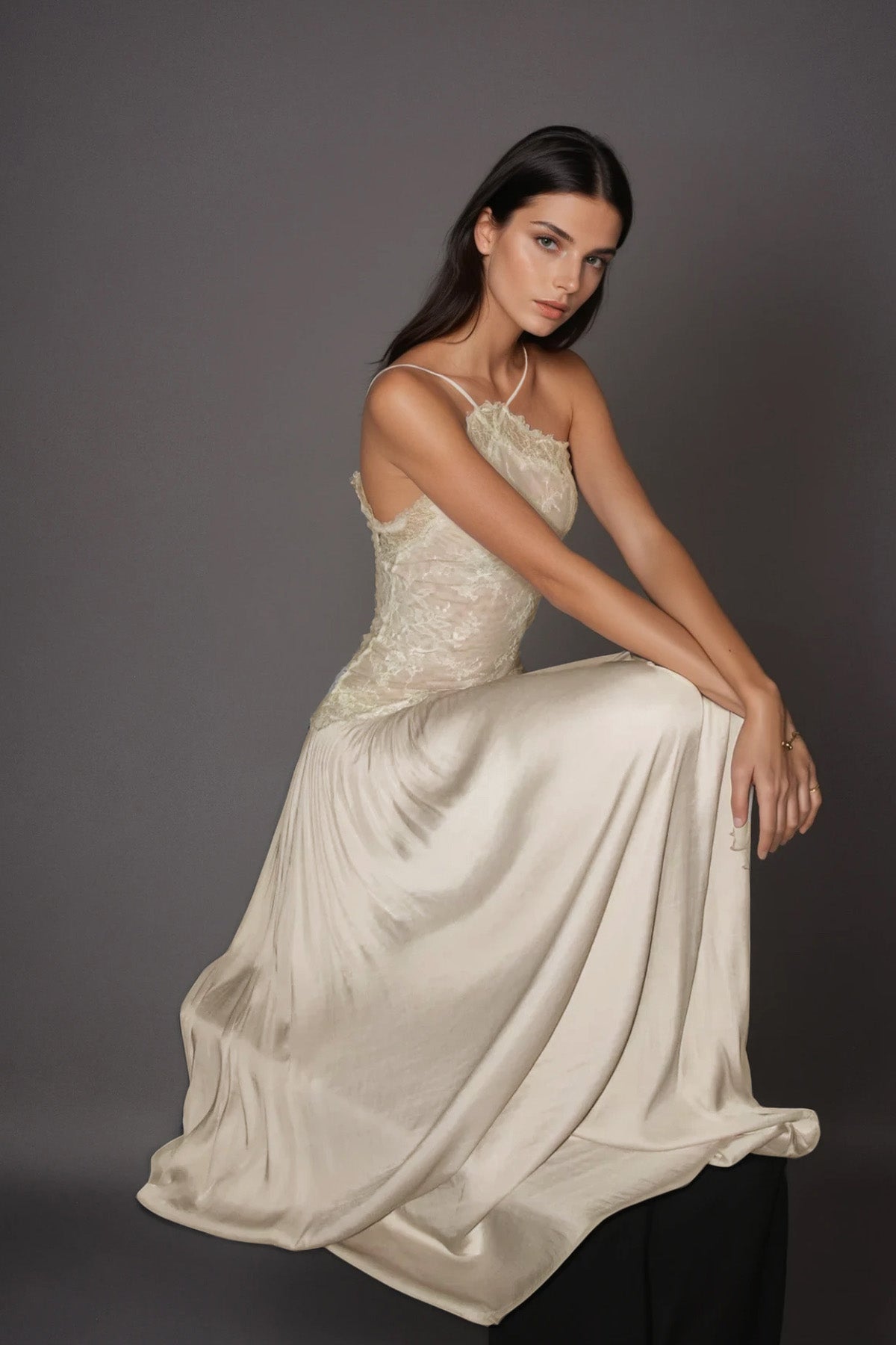 Halter Lace Floral Bodice Dropped Waist Pleated Maxi Dress