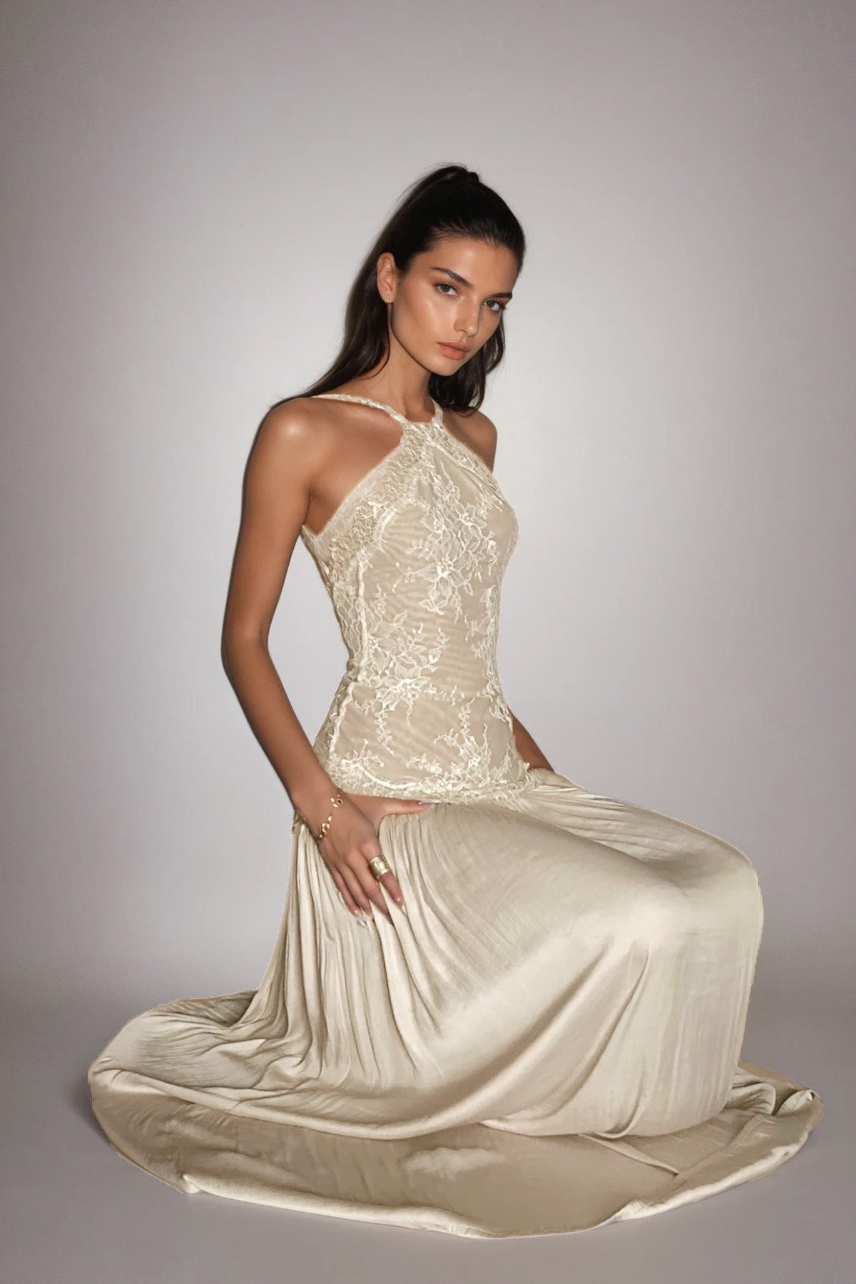 Halter Lace Floral Bodice Dropped Waist Pleated Maxi Dress
