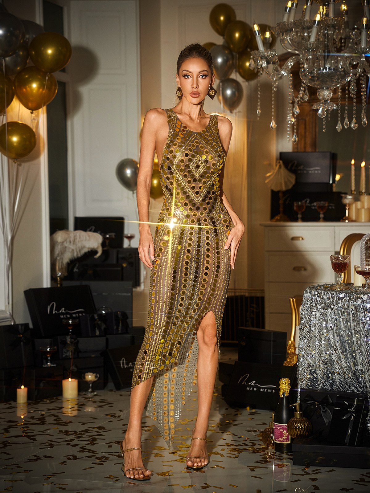 Sleeveless Sequin Diamond Grid Midi Dress