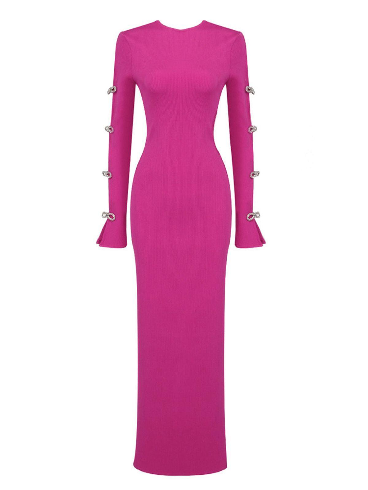 Round Neck Rib Knit Long Sleeve Bow Cutout Bandage Maxi Dress