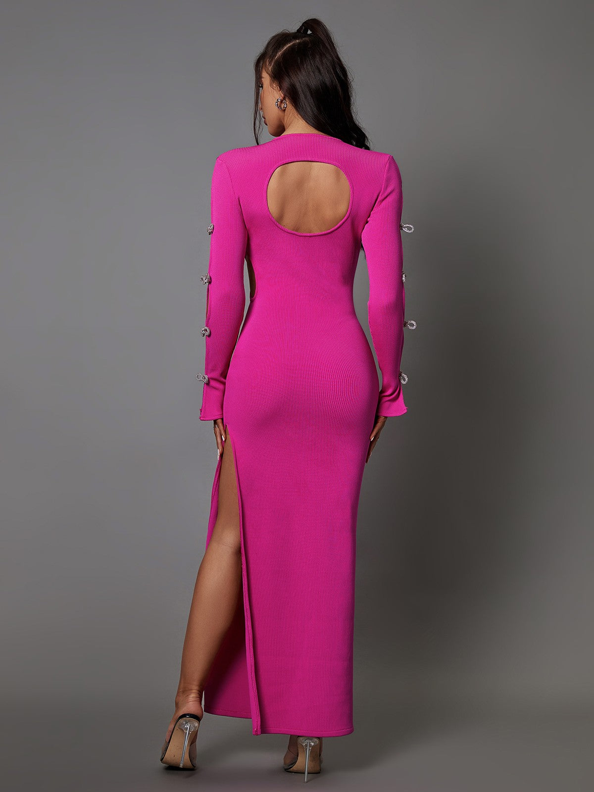 Round Neck Rib Knit Long Sleeve Bow Cutout Bandage Maxi Dress