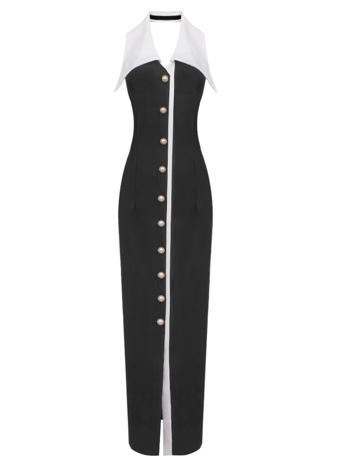 Halter Pointed Collar Button Front Slit Column Maxi Dress