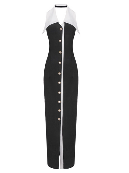 Halter Pointed Collar Button Front Slit Column Maxi Dress