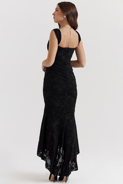 Wide Strap Corset Bodice Floral Burnout Ruched Mermaid Maxi Dress