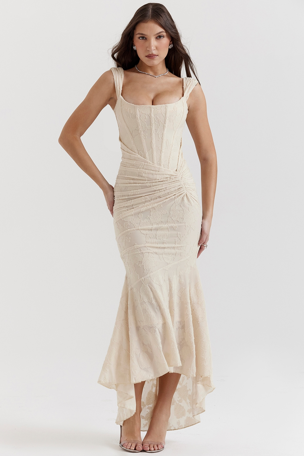 Wide Strap Corset Bodice Floral Burnout Ruched Mermaid Maxi Dress