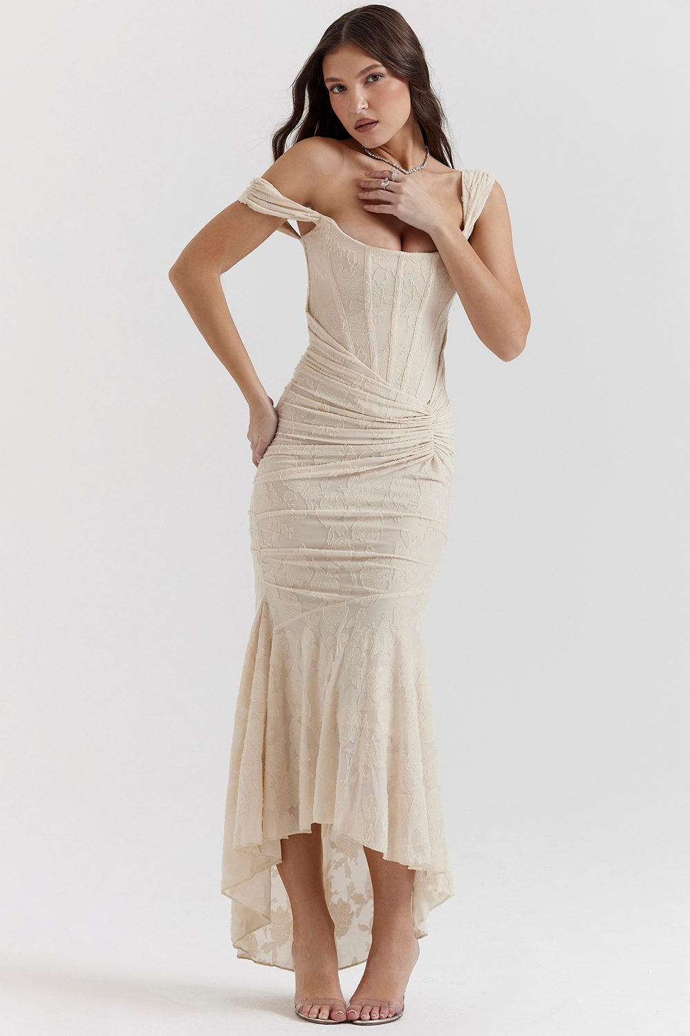 Wide Strap Corset Bodice Floral Burnout Ruched Mermaid Maxi Dress