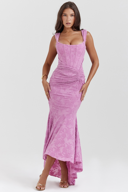 Wide Strap Corset Bodice Floral Burnout Ruched Mermaid Maxi Dress